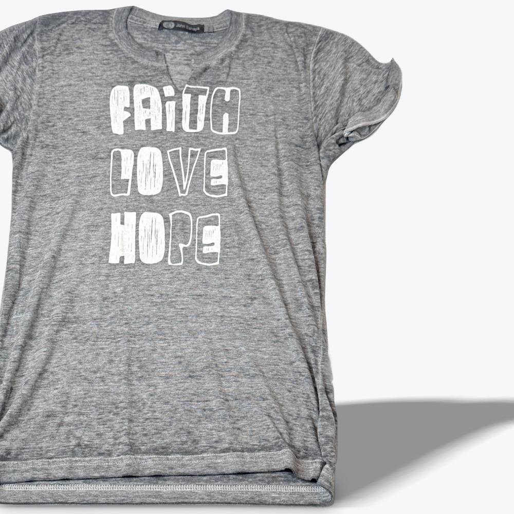 JET John Eshaya Faith Love Hope Gray Heather Graphic Tee‎ Designer Crewneck S